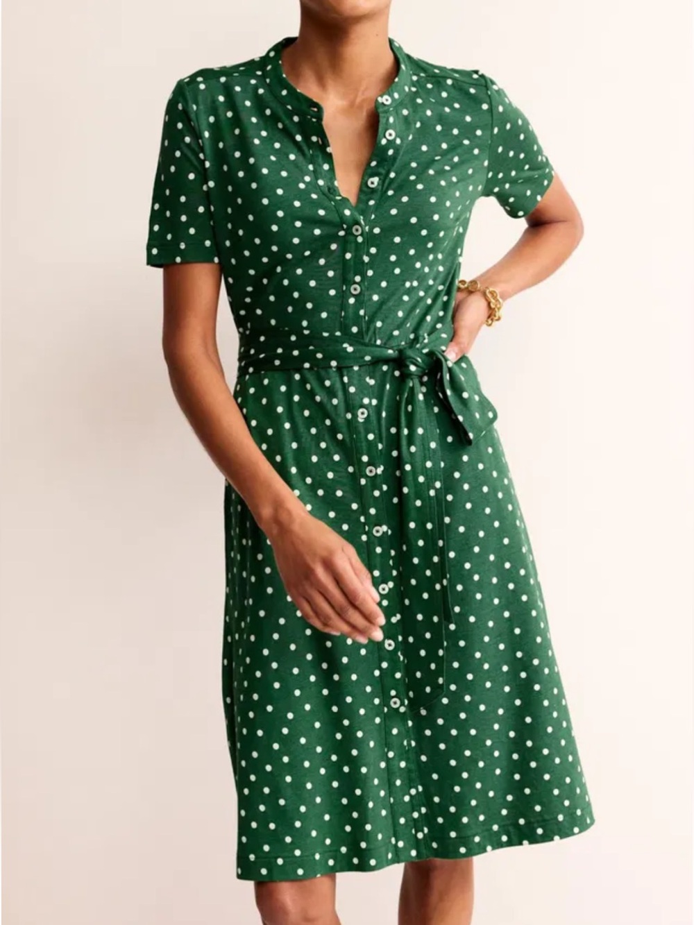 Anthropologie Boden Julia Green Polka Dot Shirt Dress Tie Waist Midi Dress US 4